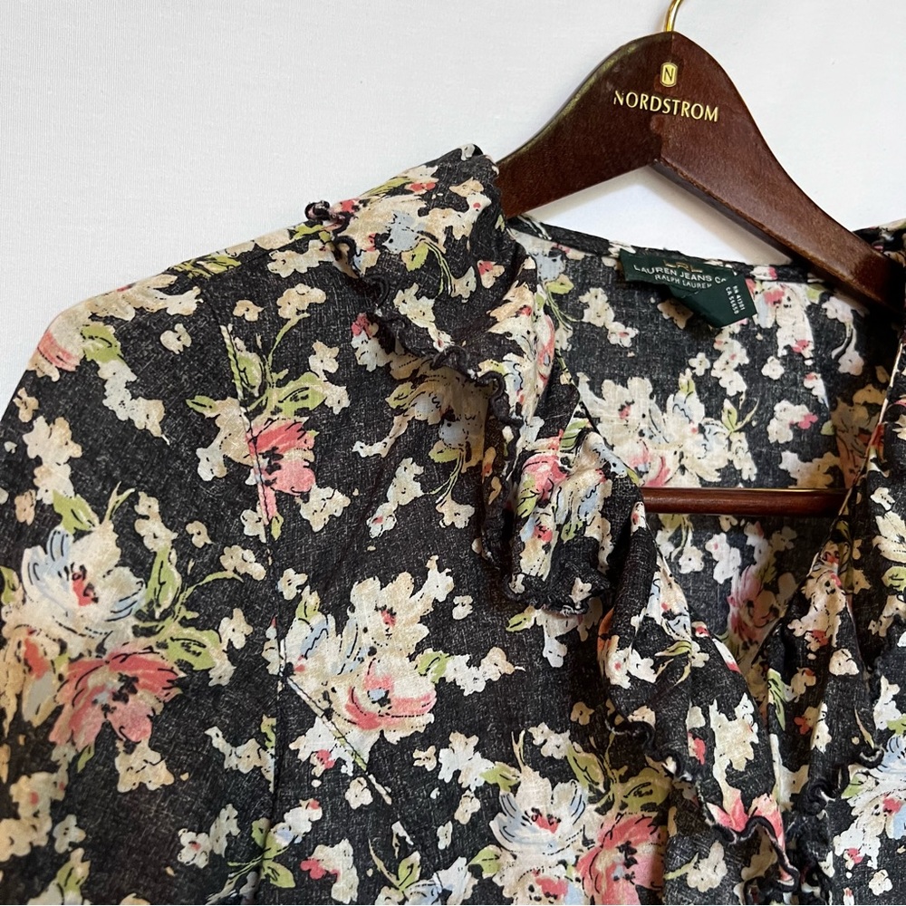 LRL Lauren Jeans Black Floral Ruffled Button Down Romantic Blouse. Size S - Picture 6 of 15